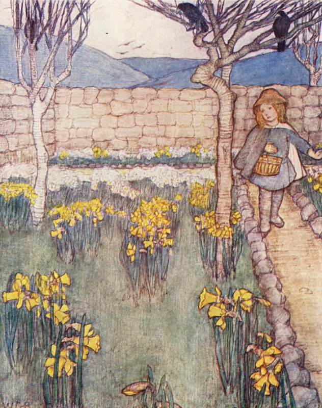 Børnenes bog om havearbejde: Påskeliljer (farvelitografi) af Winifred Cayley Robinson