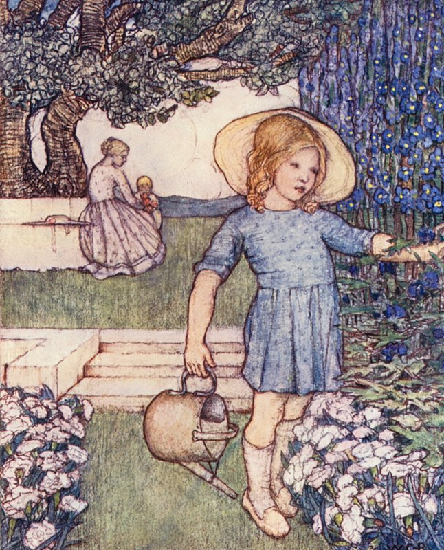 Børnenes bog om havearbejde: Larkspurs and Pinks (farvelitografi) af Winifred Cayley Robinson