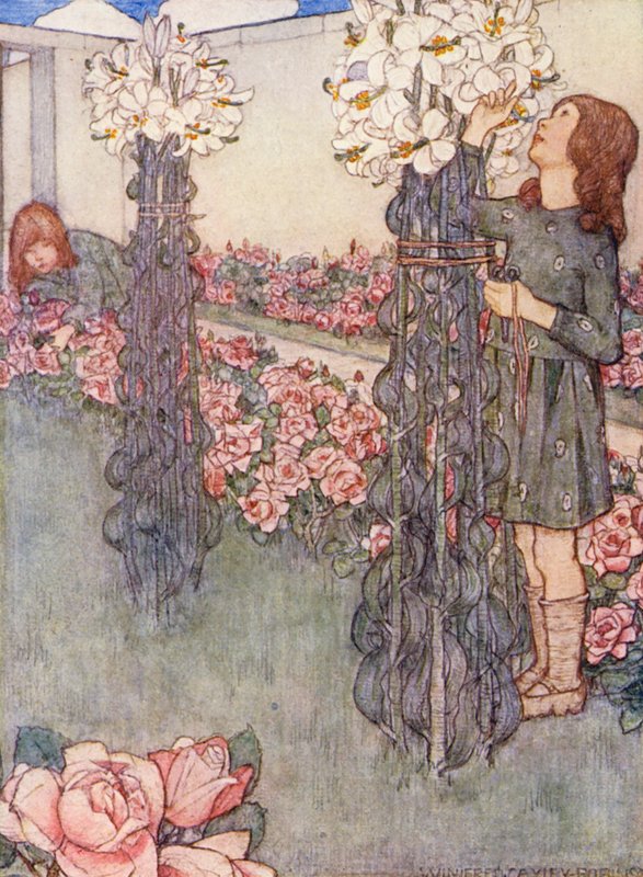 Børnenes bog om havearbejde: Liljer og roser (farvelitografi) af Winifred Cayley Robinson