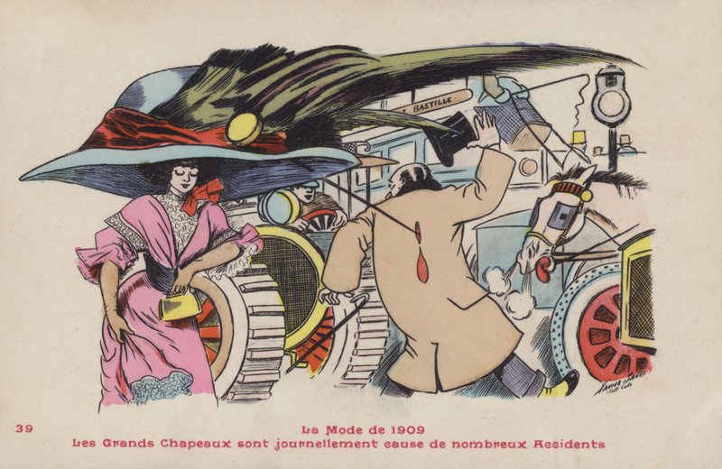 Postkort, der satirerer farerne ved store hatte og tilhørende hattenåle - mode fra 1909 af Xavier Sager