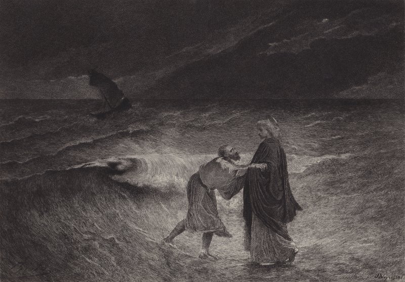 Jesus og Sankt Peter på havet af after Albert Robida