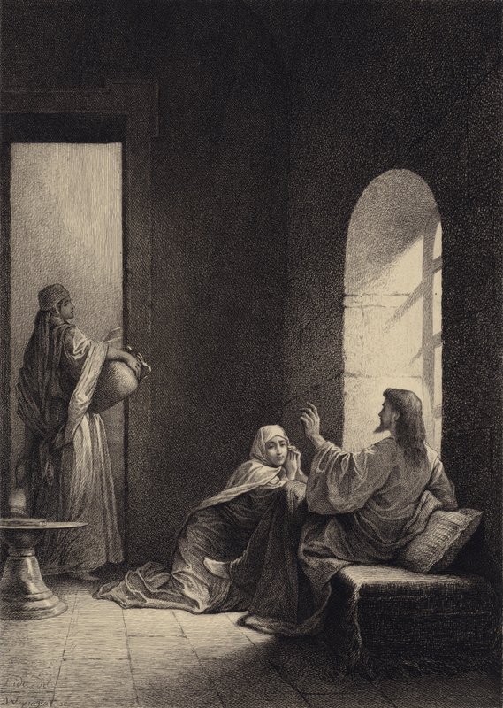 Jesus i Marthas og Marias hus af after Albert Robida