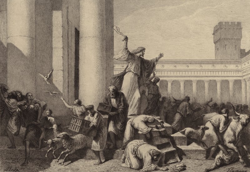 Jesus driver pengevekslerne ud af templet af after Albert Robida