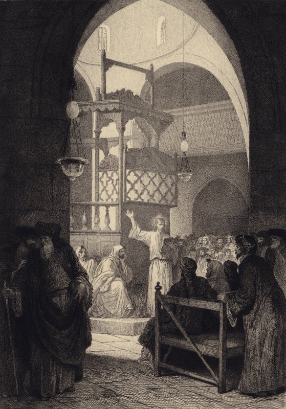 Jesus i synagogen af after Albert Robida