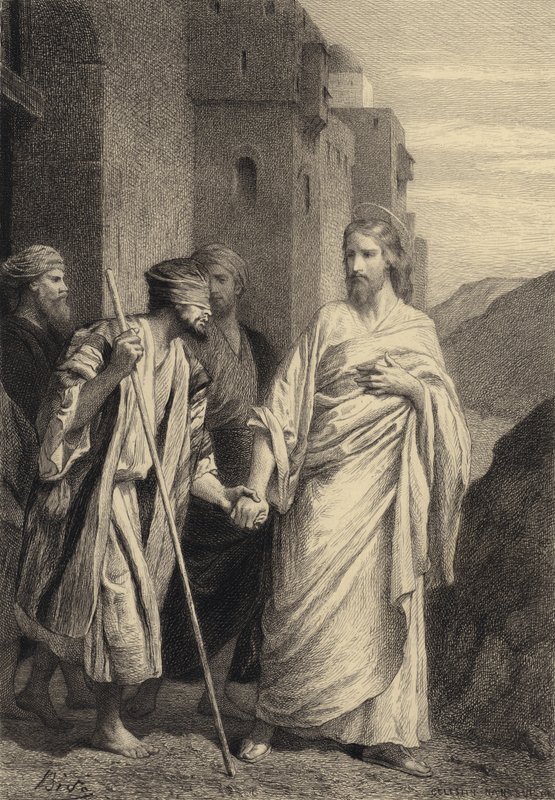 Jesus leder den blinde mand af after Albert Robida