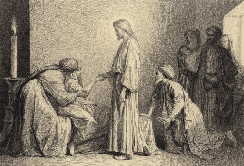 Jesus oprejser et lille barn fra døden af after Albert Robida