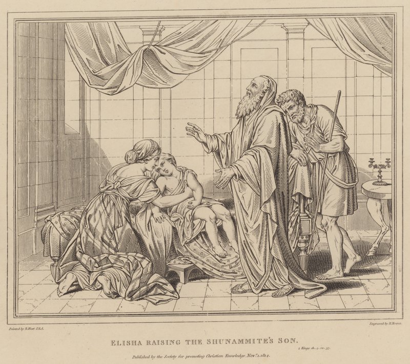Elisa oprejser sønnen fra Shunammiterne, 2 Kongebog af after Benjamin West