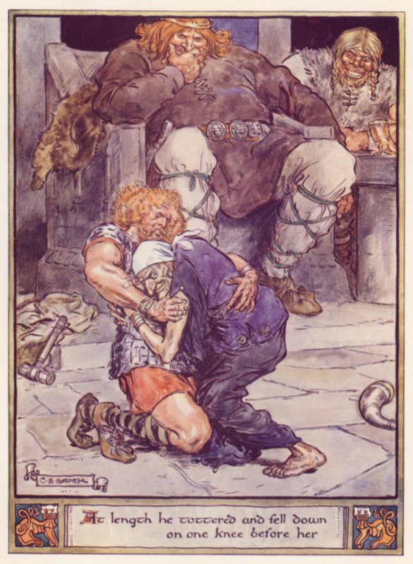 Til sidst vaklede han og faldt på knæ foran hende. af after Charles Edmund Brock