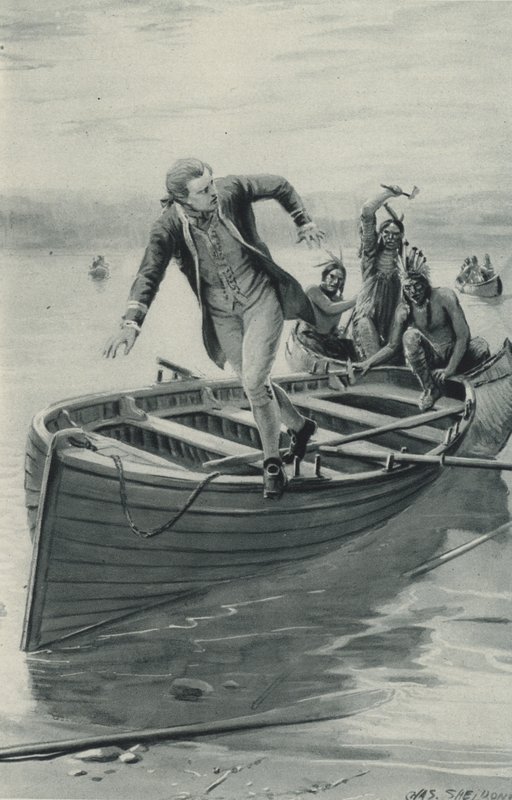 Kaptajn James Cook hopper ud af sin båd, da de røde indianere hopper ind af after Charles Mills Sheldon