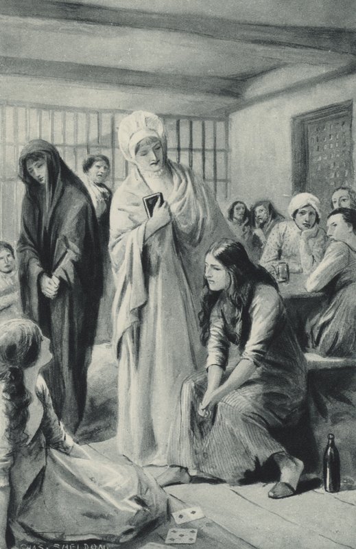 Elizabeth Fry går frit ind og ud af fangehullerne i Newgate af after Charles Mills Sheldon