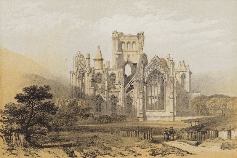 Melrose Abbey, fra øst (chromolitho) af after David Roberts