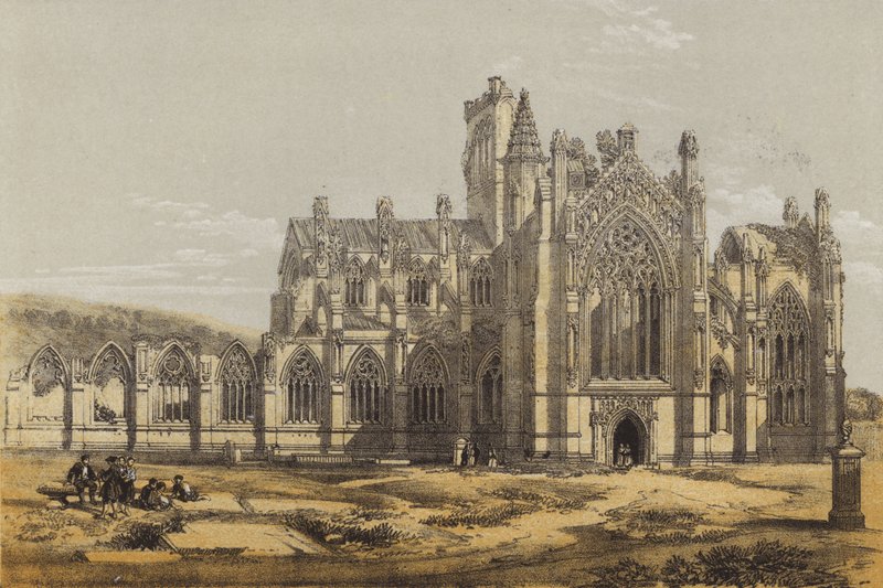Melrose Abbey, fra syd (chromolitho) af after David Roberts