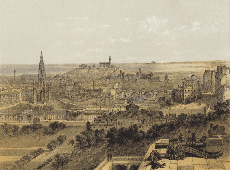 Udsigt over Edinburgh fra slottet (chromolitho) af after David Roberts
