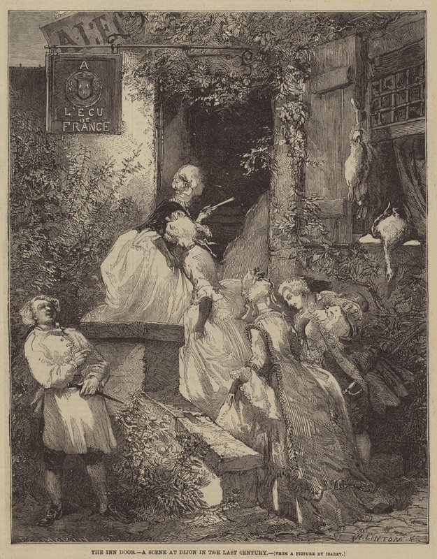 Døren til kroen, en scene i Dijon i det sidste århundrede af after Edmond Morin
