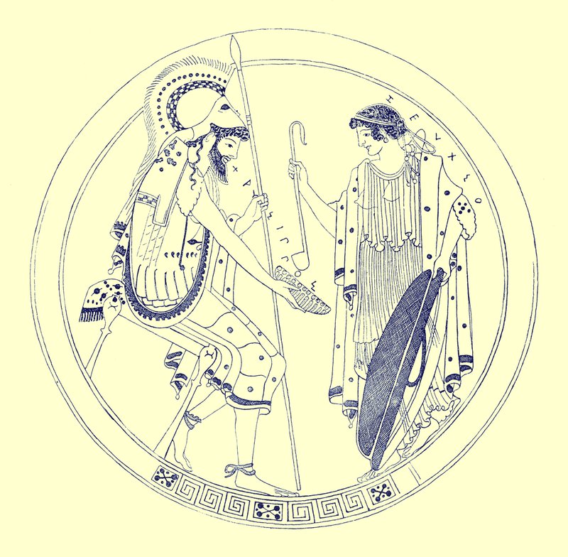En siddende kriger holder sin vinkop, illustration fra græske vasemalerier af J. E. Harrison og D. S. MacColl, udgivet 1894 (digitalt forbedret billede) af after English School