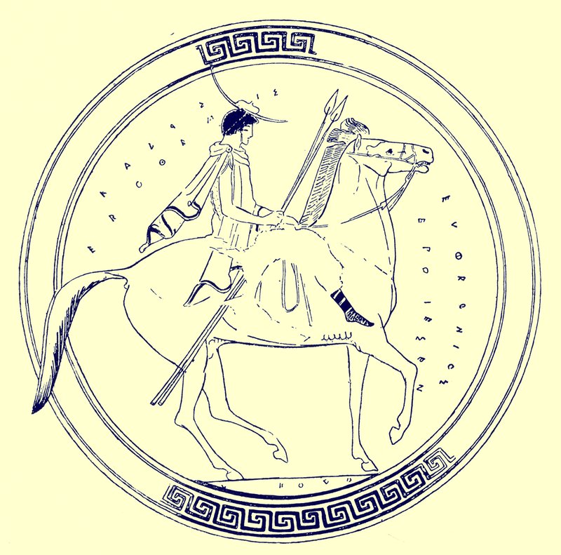 Dreng på hest, illustration fra græske vasemalerier af J. E. Harrison og D. S. MacColl, udgivet 1894 (digitalt forbedret billede) af after English School