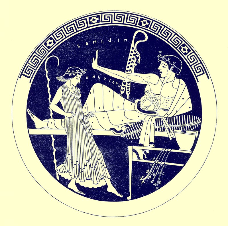 Dansende pige og festende ungdom, illustration fra græske vasemalerier af J. E. Harrison og D. S. MacColl, udgivet 1894 (digitalt forbedret billede) af after English School