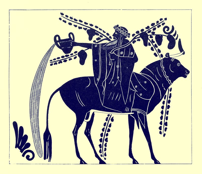 Dionysus rider på en tyr, illustration fra græske vasemalerier af J. E. Harrison og D. S. MacColl, udgivet 1894 (digitalt forbedret billede) af after English School