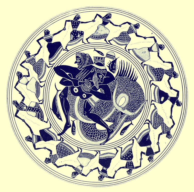 Herakles wrestling with Triton, illustration fra græske vasemalerier af J. E. Harrison og D. S. MacColl, udgivet 1894 (digitalt forbedret billede) af after English School