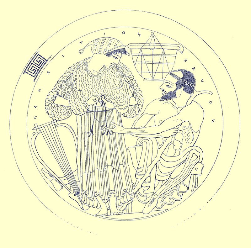 Interiør af Cylix af Euphronios, illustration fra græske vasemalerier af J. E. Harrison og D. S. MacColl, udgivet 1894 (digitalt forbedret billede) af after English School