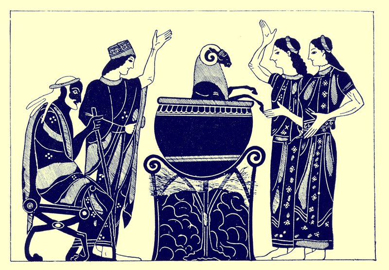 Medea Boiling the Ram, illustration fra græske vasemalerier af J. E. Harrison og D. S. MacColl, udgivet 1894 (digitalt forbedret billede) af after English School