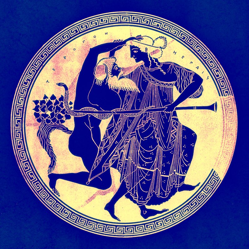 Satyr og Maenad, illustration fra græske vasemalerier af J. E. Harrison og D. S. MacColl, udgivet 1894 (digitalt forbedret billede) af after English School