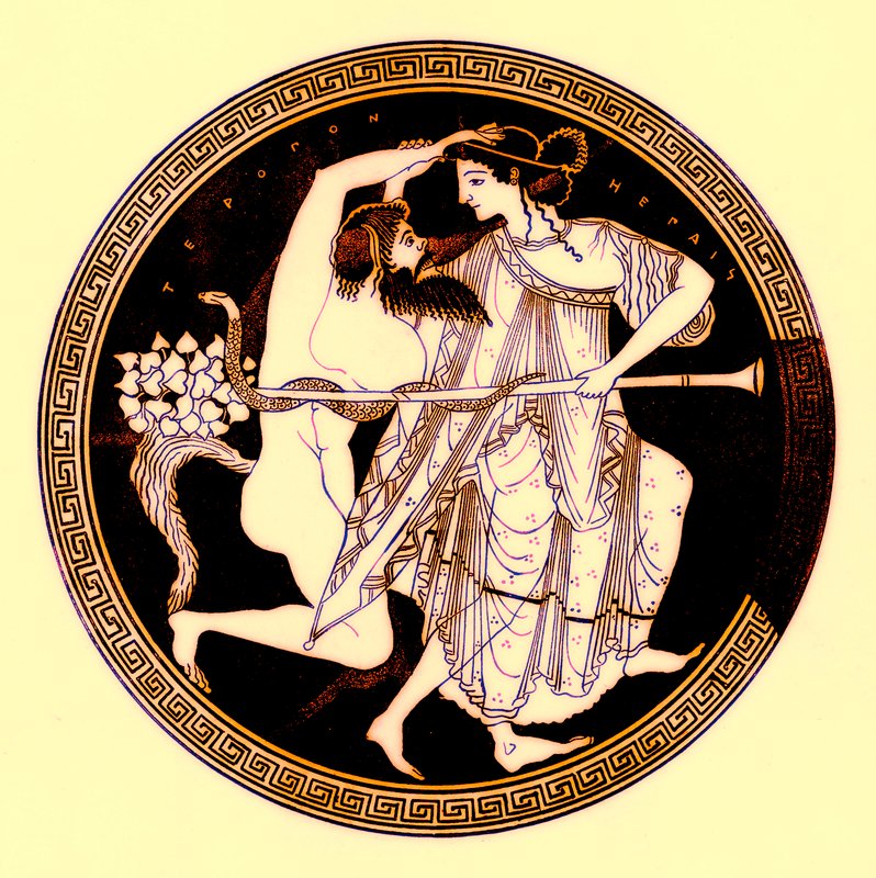 Satyr og Maenad, illustration fra græske vasemalerier af J. E. Harrison og D. S. MacColl, udgivet 1894 (digitalt forbedret billede) af after English School