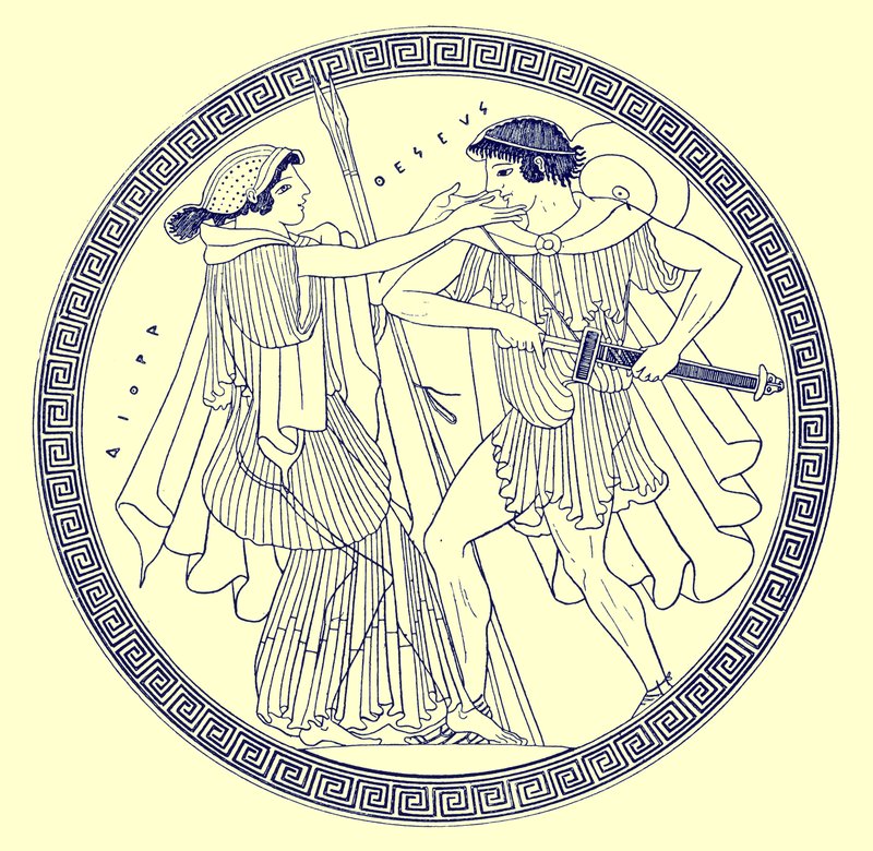 Theseus and Aethra, illustration fra græske vasemalerier af J. E. Harrison og D. S. MacColl, udgivet 1894 (digitalt forbedret billede) af after English School