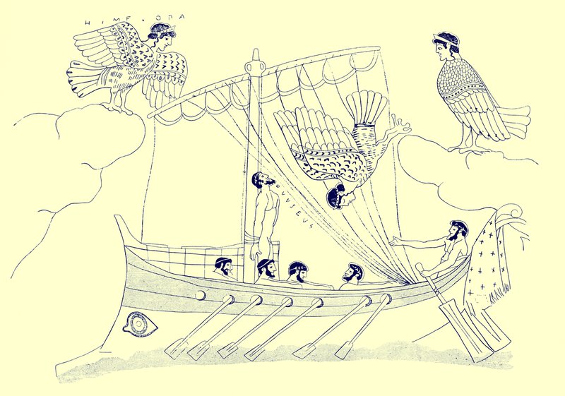 Ulysses and the Sirens, illustration fra græske vasemalerier af J. E. Harrison og D. S. MacColl, udgivet 1894 (digitalt forbedret billede) af after English School