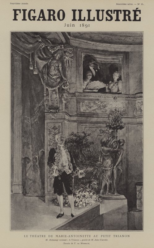 Den franske skuespiller Louis Arsene Delaunay reciterer Jules Clareties-digtet A Trianon på Theatre de Marie Antoinette på Petit Trianon, Versailles af after Felicien baron de Myrbach Rheinfeld
