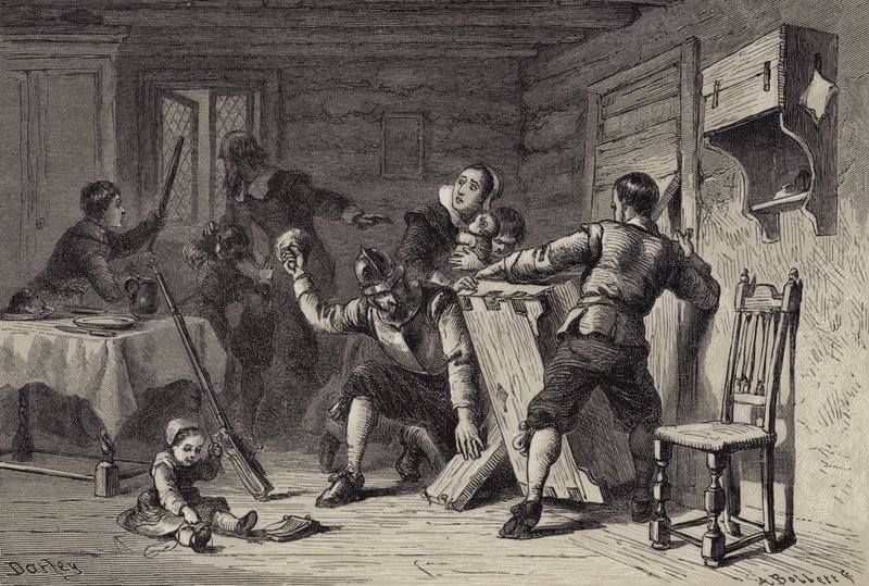 Puritanere barrikaderer deres hus mod indianere af after Felix Octavius Carr Darley