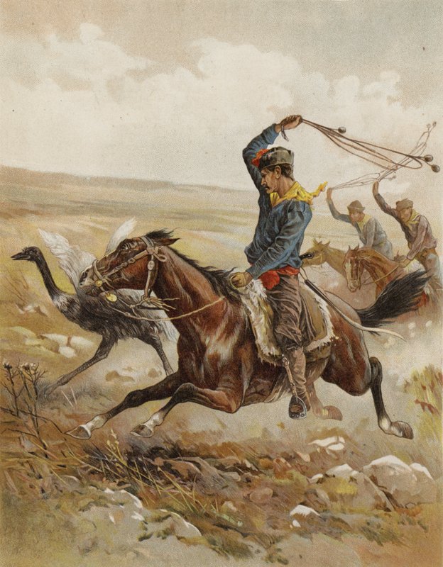 Jagt på strudsen, Sydamerika (chromolitho) af after Frank Feller
