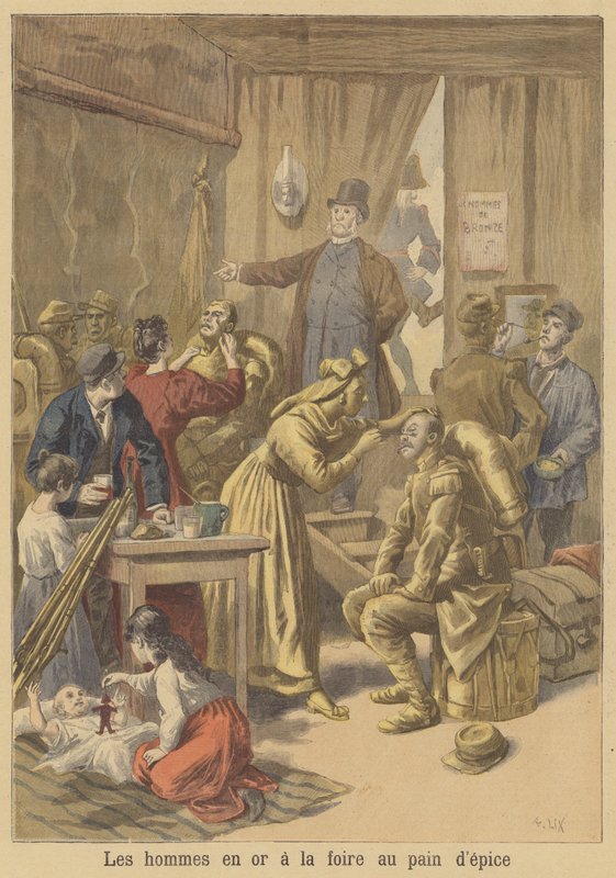 Mænd bliver malet guld inden påskehonningkagemessen af after Frederic Theodore Lix