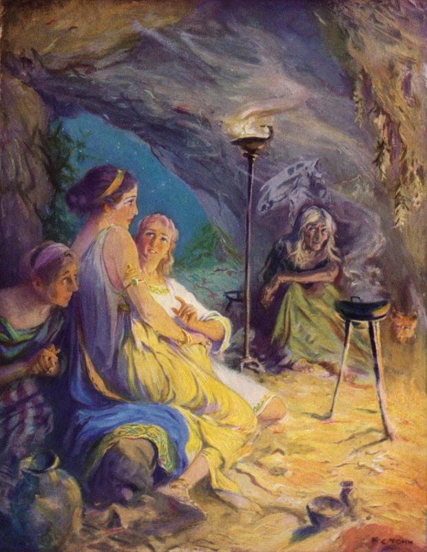 Glaucus og Ione søger tilflugt i heksehulen af after Frederick Coffay Yohn