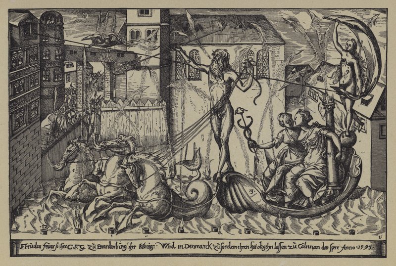 Fyrværkeri på slottet til markgreven af Brandenburg ved Colln ved floden Spree i anledning af besøget af kong Christian IV af Danmark, 10. oktober 1595 af after German School