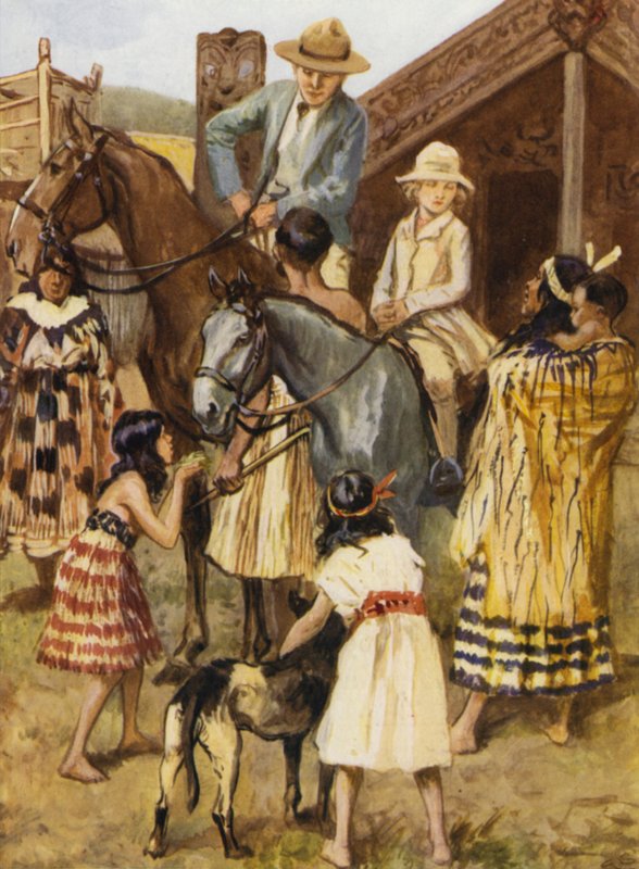 Besøgende i en model af en maori-landsby (Mow-ree) af after Gordon Frederick Browne