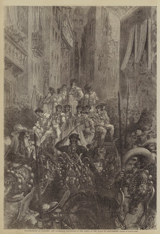 Tyrekamp ved Bayonne, kavalkaden fortsætter til Arenaen på Place de Saint-Esprit af Gustave after Dore