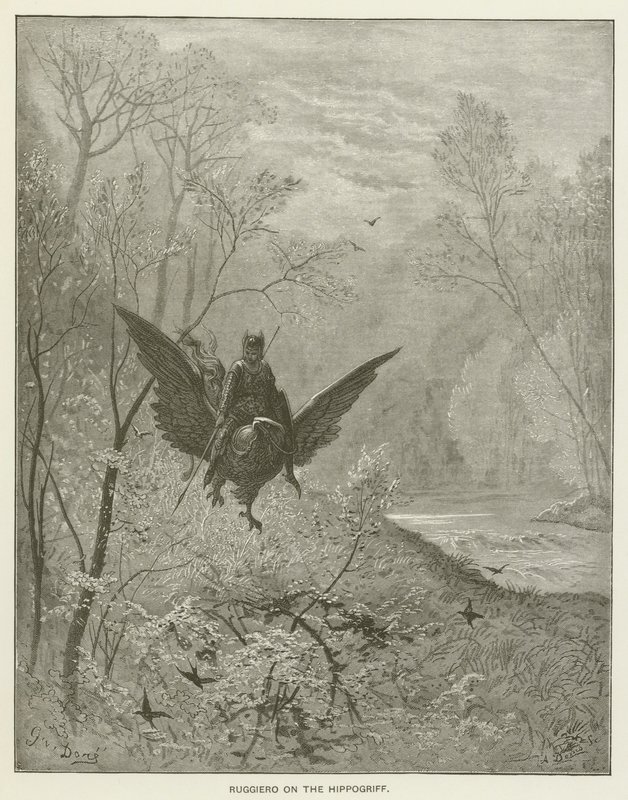 Ruggiero på Hippogrif af Gustave after Dore