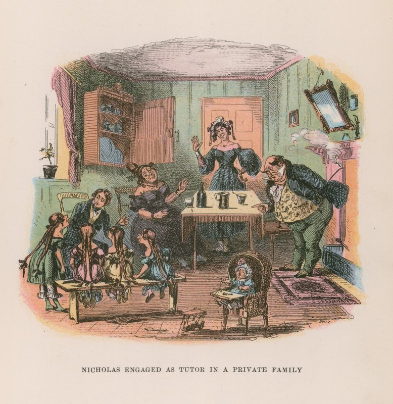 Illustration til Nicholas Nickleby (farve litho) af after Hablot Knight Browne