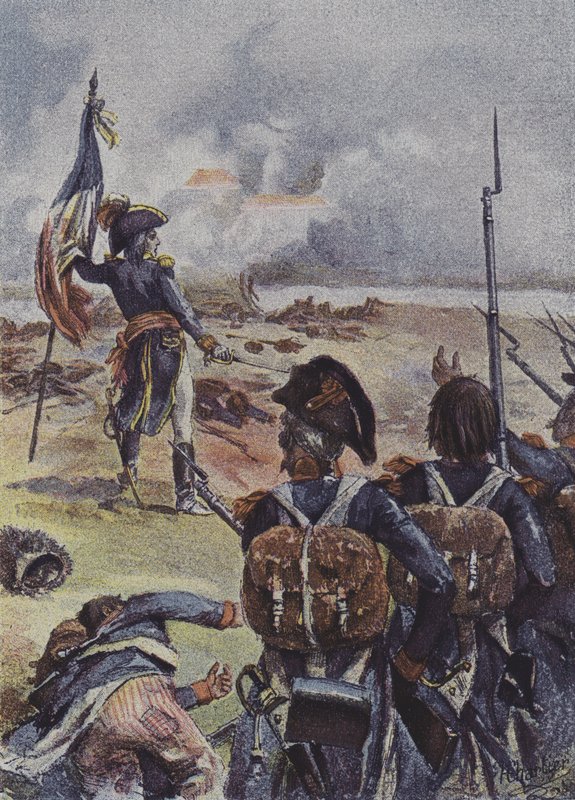 General Augereau planter flaget for 1. bataljon af 99. regiment foran deres linjer i slaget ved Arcole, Italien, 1796 af after Henri Georges Jacques Chartier