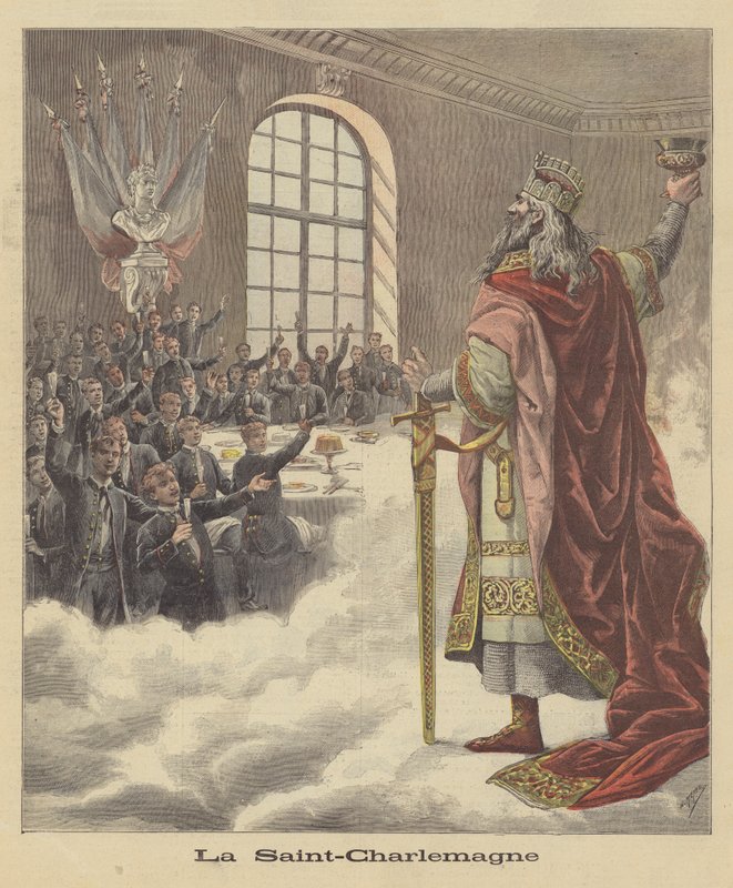 Studerende fra universitetet i Paris skåler med Charlemagne af after Henri Meyer