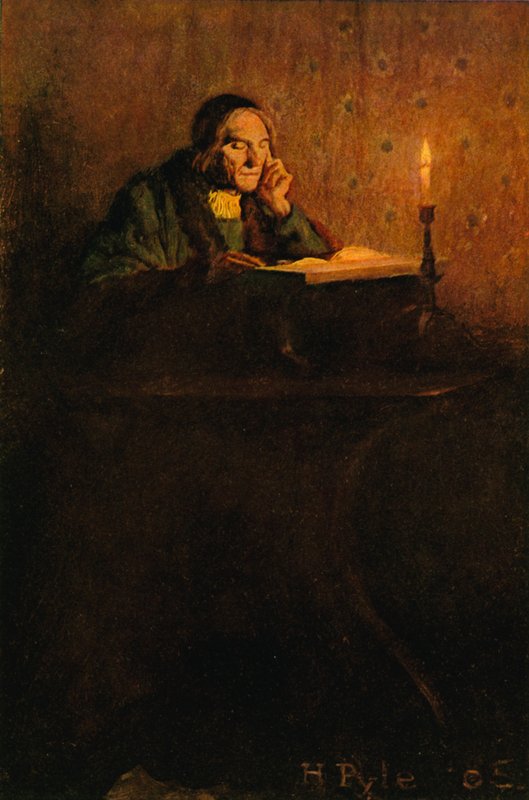 En pæn og skrumpen herre sad ved et skrivebord af after Howard Pyle