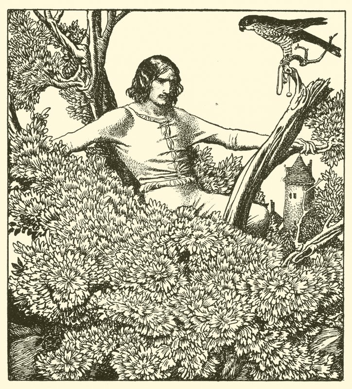 Sir Launcelot klatrer for at fange kvindefalken af after Howard Pyle