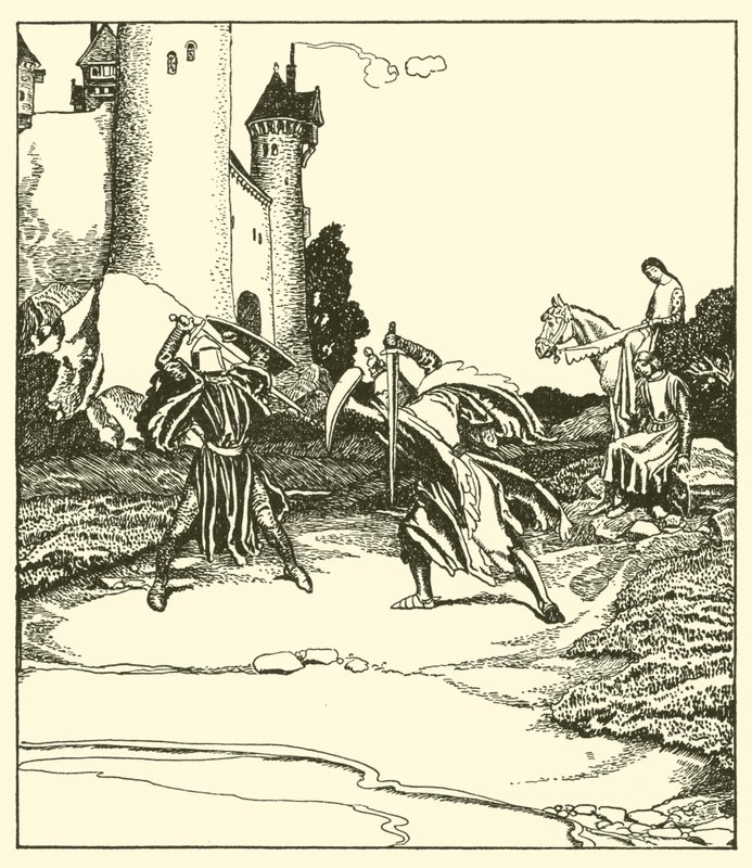 Sir Launcelot kæmper med Sir Turquine af after Howard Pyle
