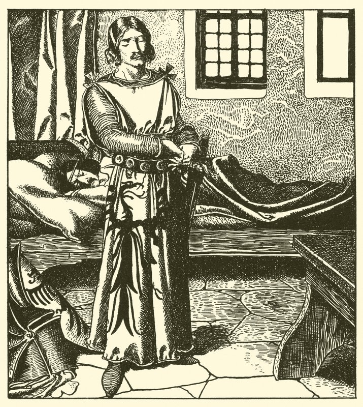 Sir Launcelot tager Sir Kays rustning af after Howard Pyle