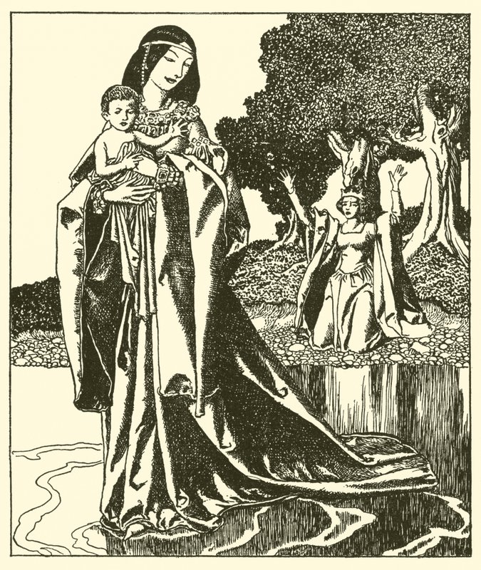 Lady Nymue bortfører Launcelot i søen af after Howard Pyle