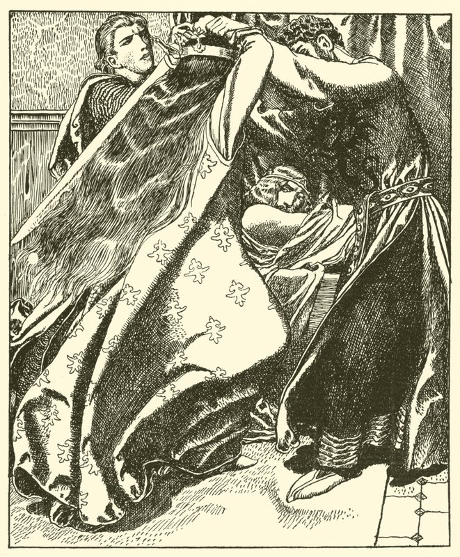 Dronningen af Irland søger at dræbe Sir Tristram af after Howard Pyle