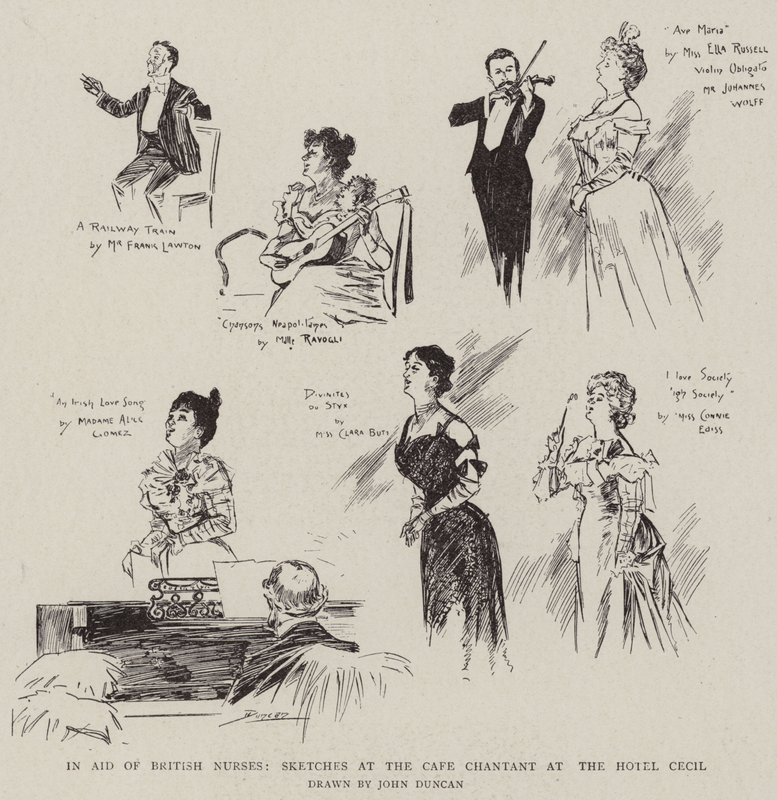 Til hjælp for britiske sygeplejersker, skitser på Cafe Chantant på Hotel Cecil af after John Duncan