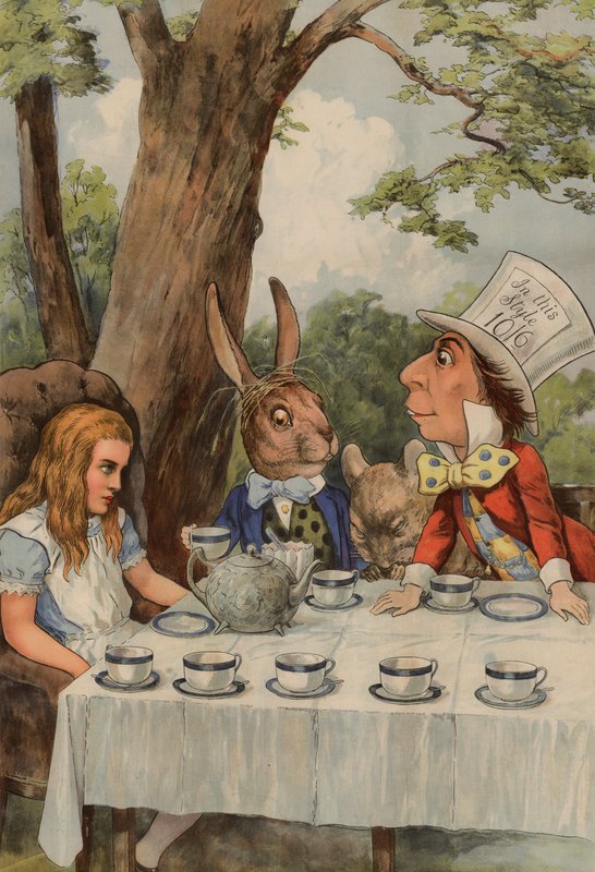 Plakat, der forestiller The Mad Hatters Tea Party fra Alice In Wonderland af after John Tenniel