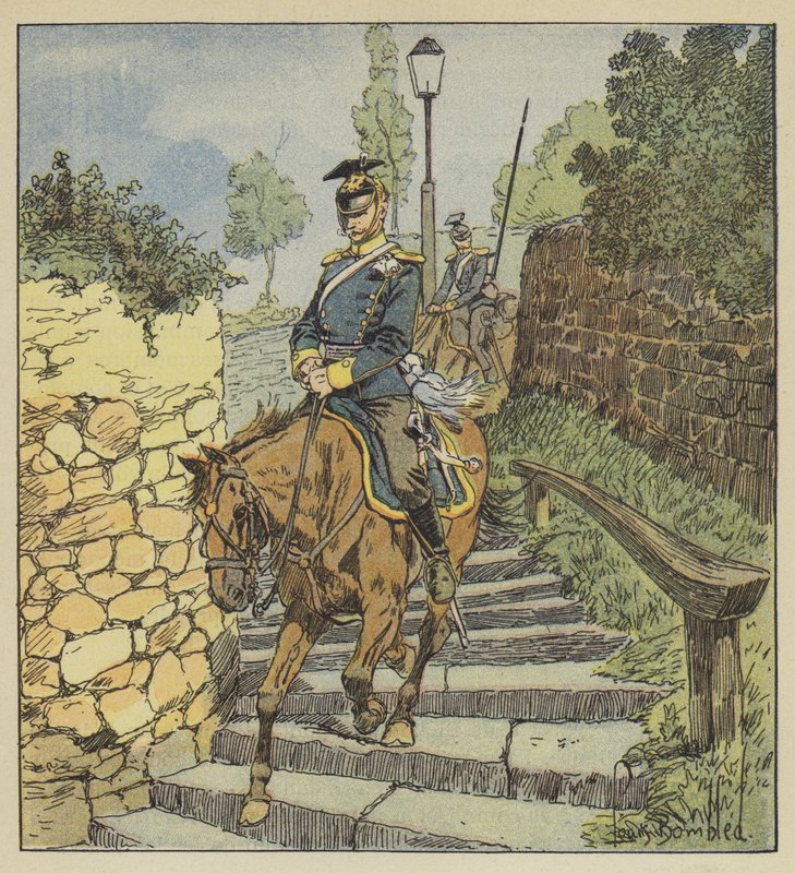 I Chateaudun stiger to forfulgte uhlanere ned på hesteryg stentrappen på 200 trin af after Louis Charles Bombled